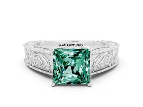 White gold Princess Cut Green Sapphire Solitaire Ring with Engraved Band and Four-Prong Setting