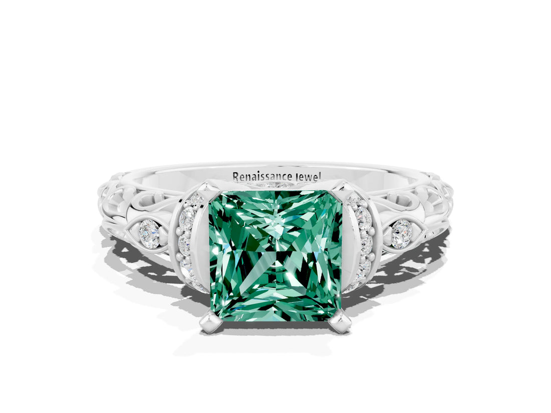 White gold Princess Cut Green Sapphire Solitaire Ring with Filigree Band and Four-Prong Setting_24