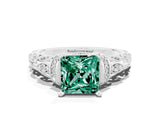 White gold Princess Cut Green Sapphire Solitaire Ring with Filigree Band and Four-Prong Setting_24