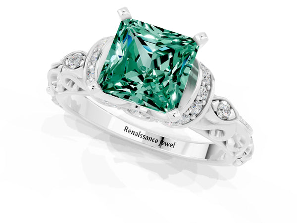 Platinum Princess Cut Green Sapphire Solitaire Ring with Filigree Band and Four-Prong Setting