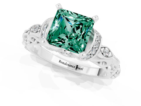 White gold Princess Cut Green Sapphire Solitaire Ring with Filigree Band and Four-Prong Setting_25
