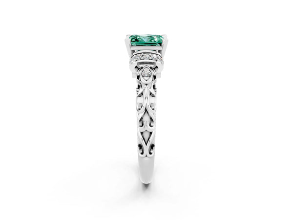 Platinum Princess Cut Green Sapphire Solitaire Ring with Filigree Band and Four-Prong Setting