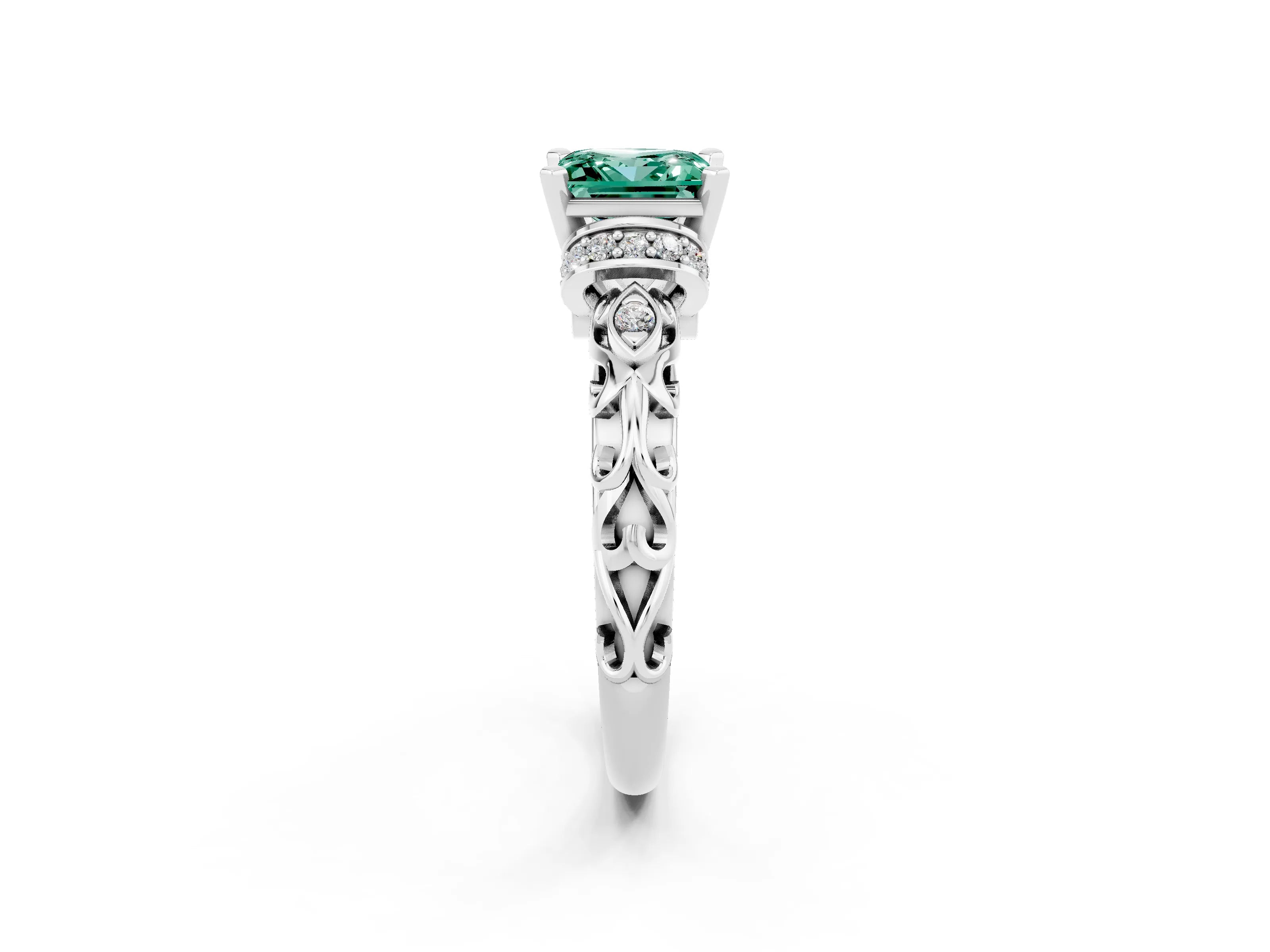 White gold Princess Cut Green Sapphire Solitaire Ring with Filigree Band and Four-Prong Setting_26