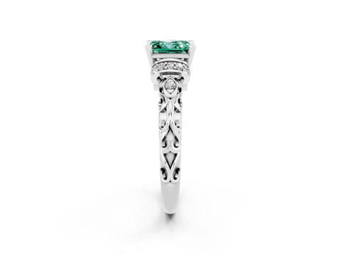 White gold Princess Cut Green Sapphire Solitaire Ring with Filigree Band and Four-Prong Setting_26