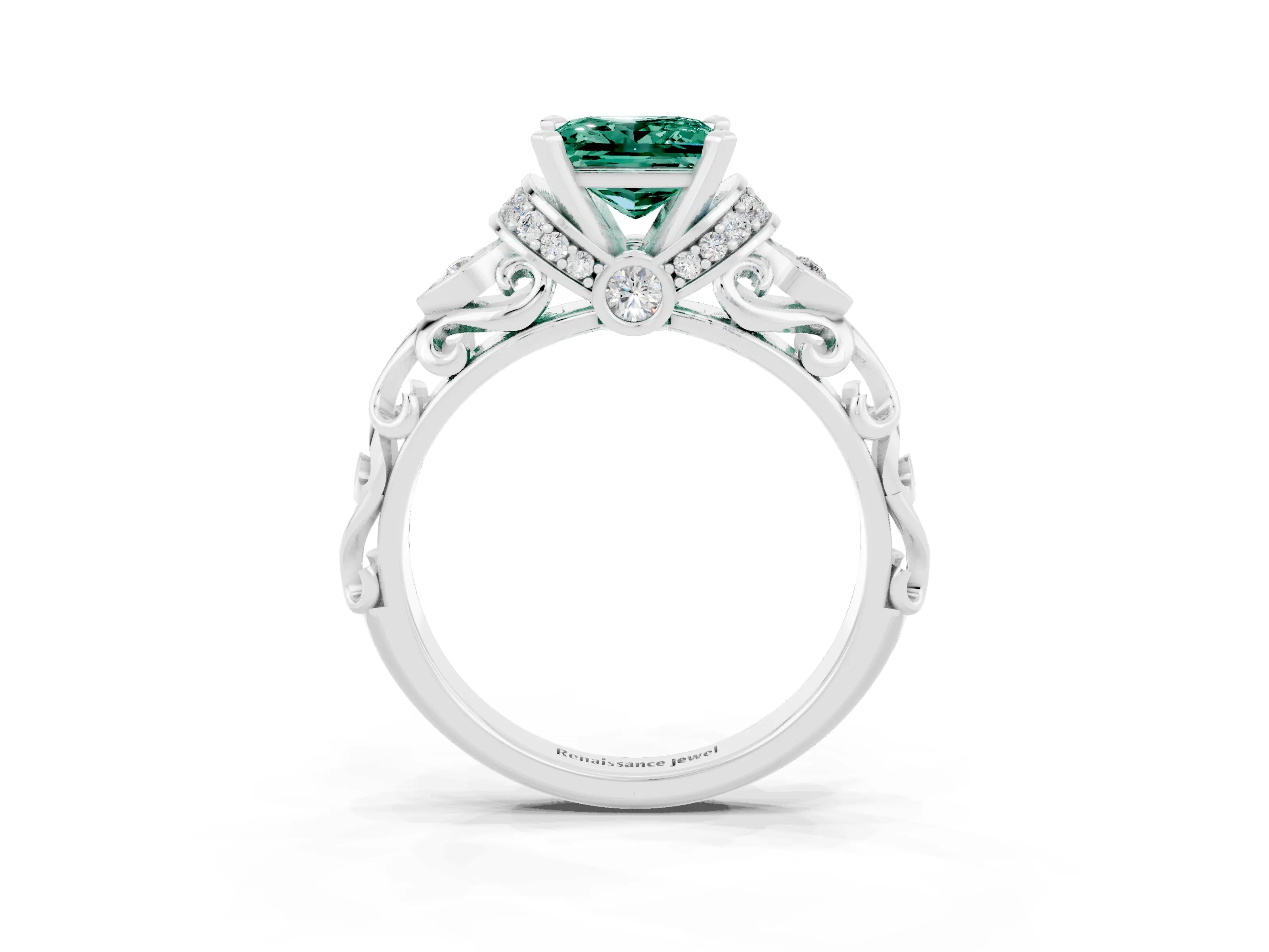 White gold Princess Cut Green Sapphire Solitaire Ring with Filigree Band and Four-Prong Setting_27
