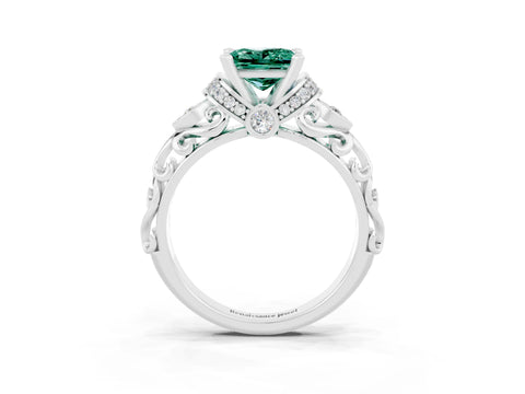 White gold Princess Cut Green Sapphire Solitaire Ring with Filigree Band and Four-Prong Setting_27