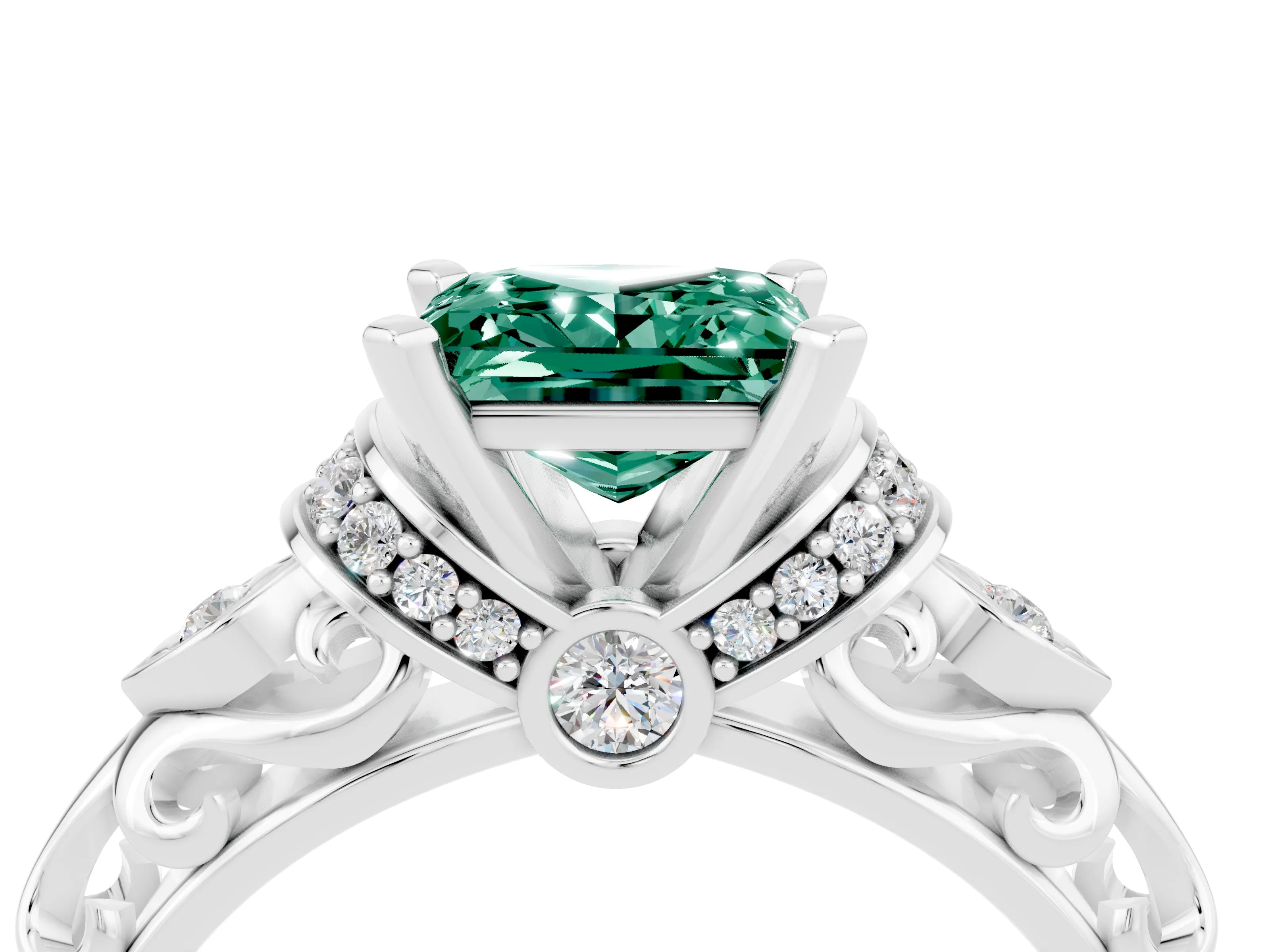 White gold Princess Cut Green Sapphire Solitaire Ring with Filigree Band and Four-Prong Setting_28