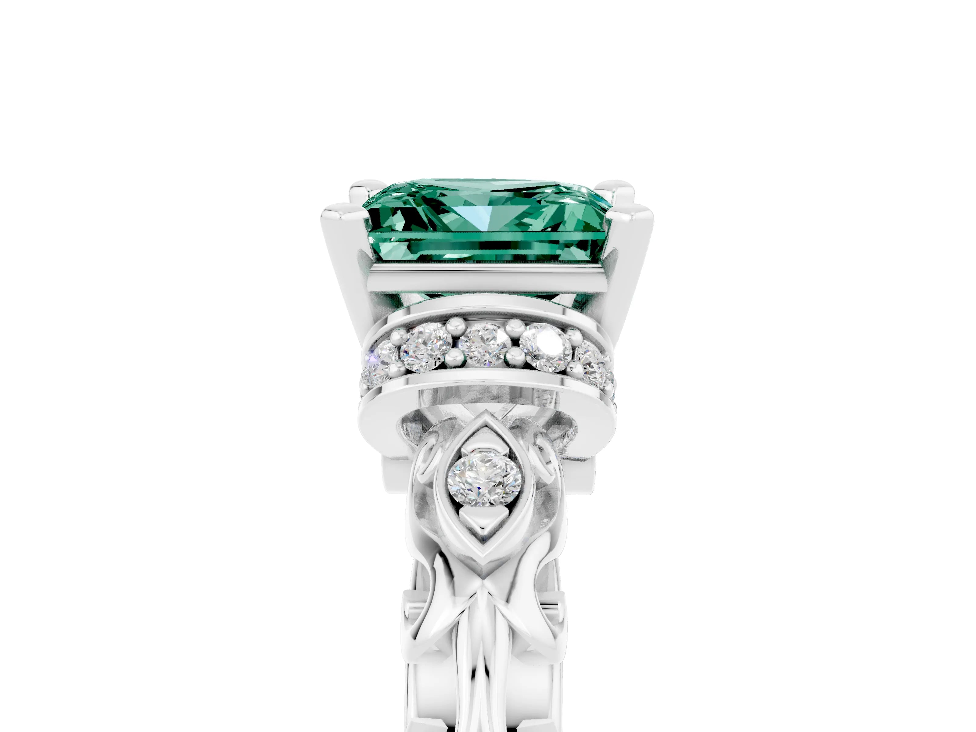 White gold Princess Cut Green Sapphire Solitaire Ring with Filigree Band and Four-Prong Setting_29