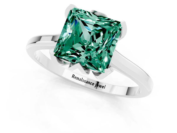 White gold Princess Cut Green Sapphire Solitaire Ring with Flower Prong Setting and Classic Band