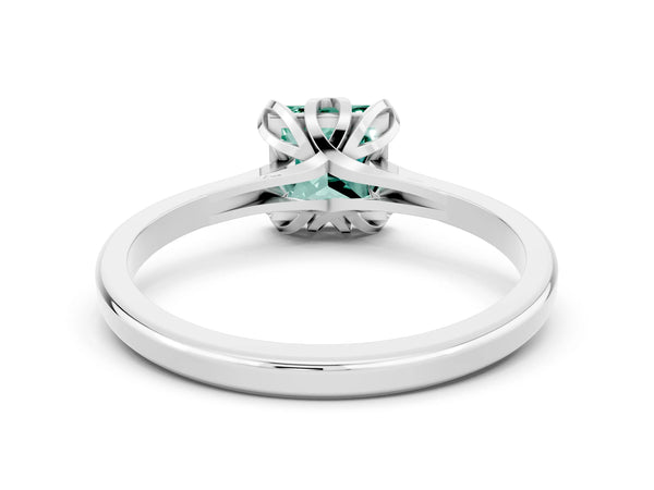 White gold Princess Cut Green Sapphire Solitaire Ring with Flower Prong Setting and Classic Band