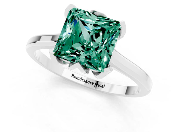 White gold Princess Cut Green Sapphire Solitaire Ring with Flower Prong Setting and Classic Band
