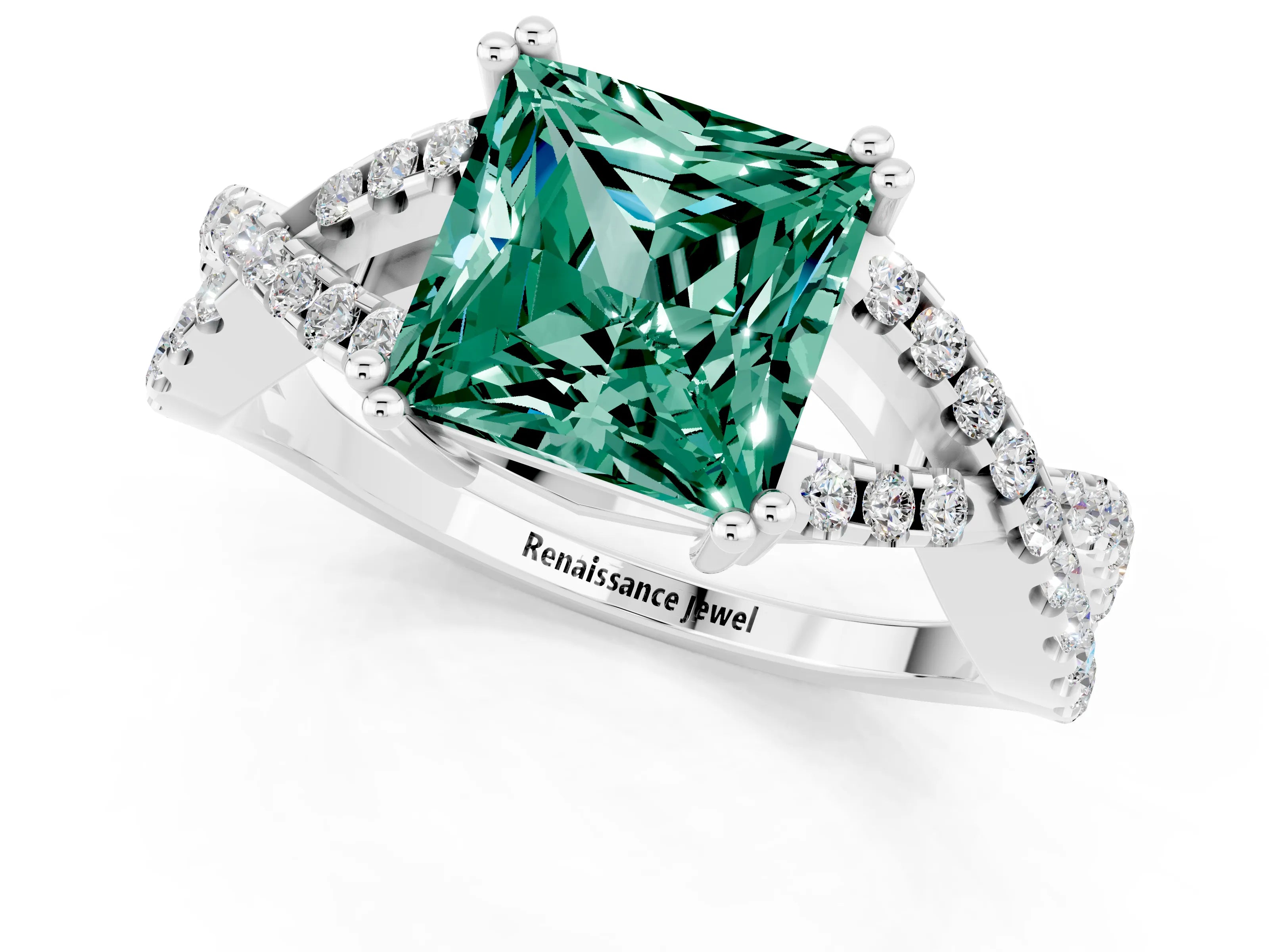 White gold Princess Cut Green Sapphire Solitaire Ring with Four-Prong Setting and Twisted Pavé Band_1