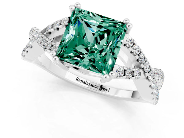 White gold Princess Cut Green Sapphire Solitaire Ring with Four-Prong Setting and Twisted Pavé Band