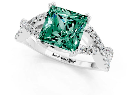 White gold Princess Cut Green Sapphire Solitaire Ring with Four-Prong Setting and Twisted Pavé Band_1