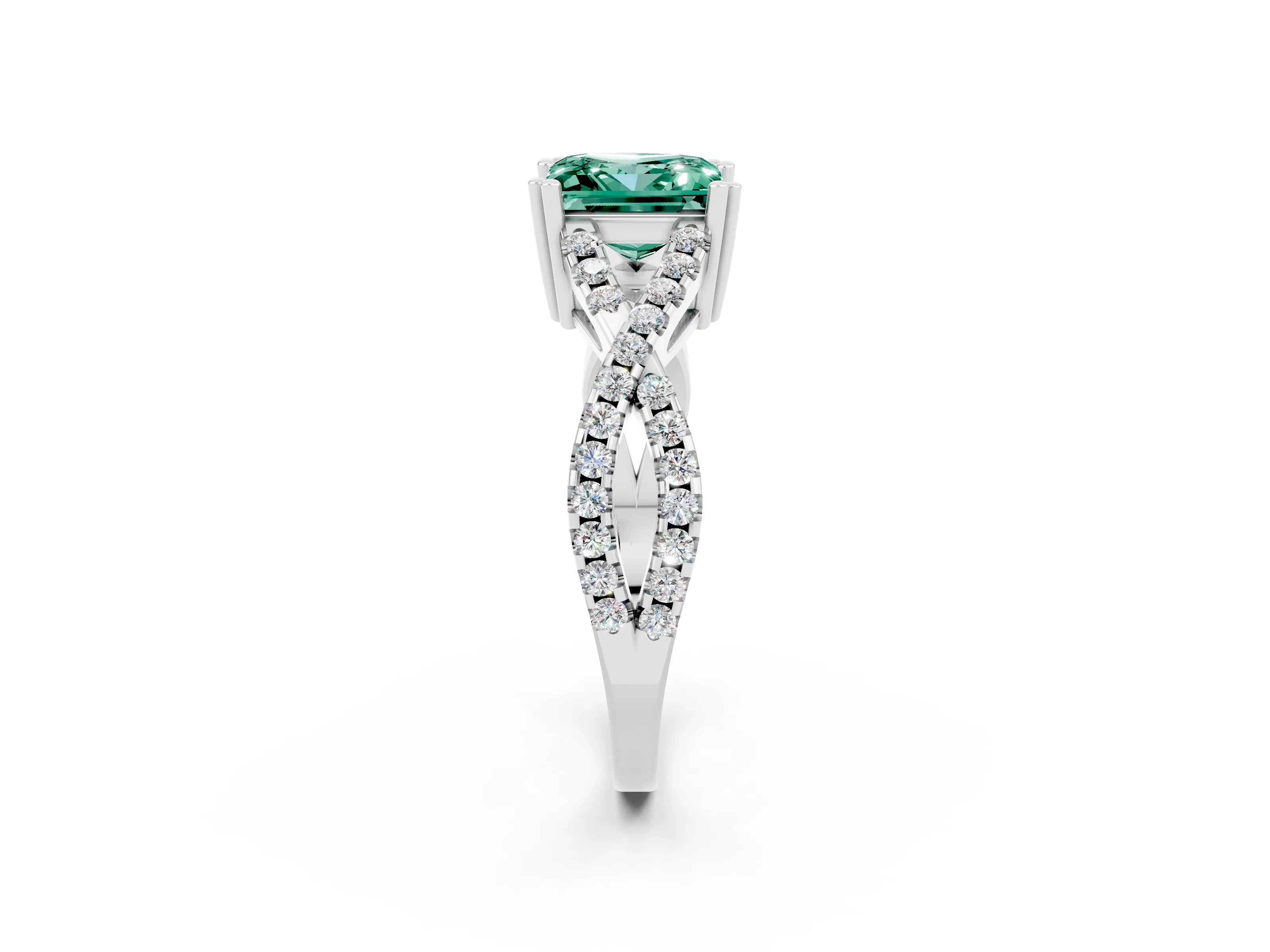 White gold Princess Cut Green Sapphire Solitaire Ring with Four-Prong Setting and Twisted Pavé Band_2