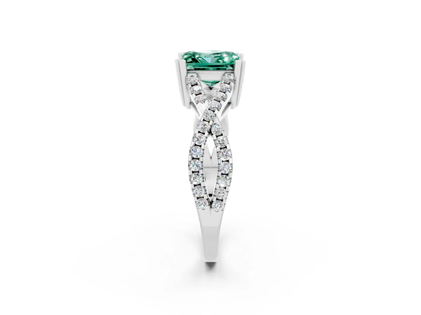 Silver Princess Cut Green Sapphire Solitaire Ring with Four-Prong Setting and Twisted Pavé Band