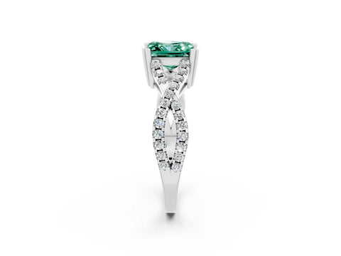 White gold Princess Cut Green Sapphire Solitaire Ring with Four-Prong Setting and Twisted Pavé Band_2