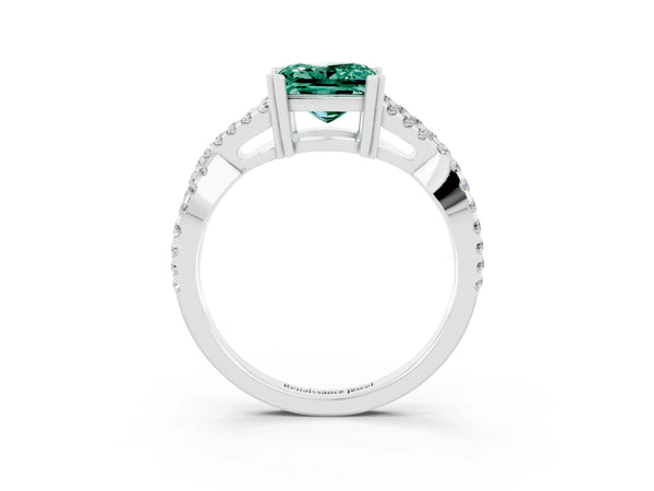 Silver Princess Cut Green Sapphire Solitaire Ring with Four-Prong Setting and Twisted Pavé Band