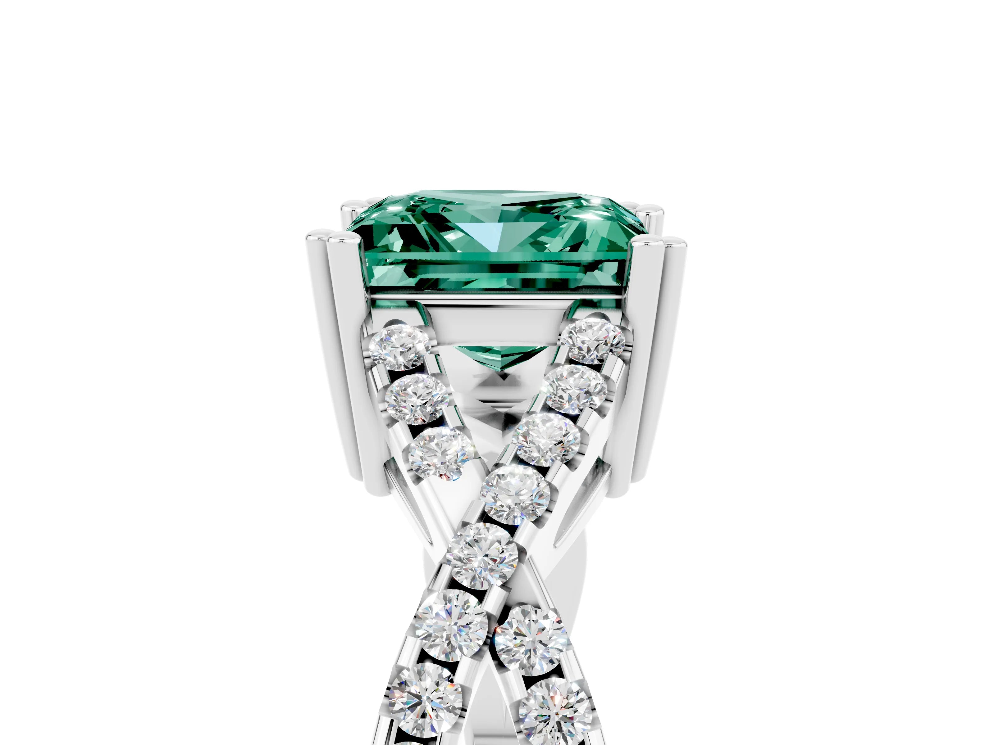 White gold Princess Cut Green Sapphire Solitaire Ring with Four-Prong Setting and Twisted Pavé Band_5