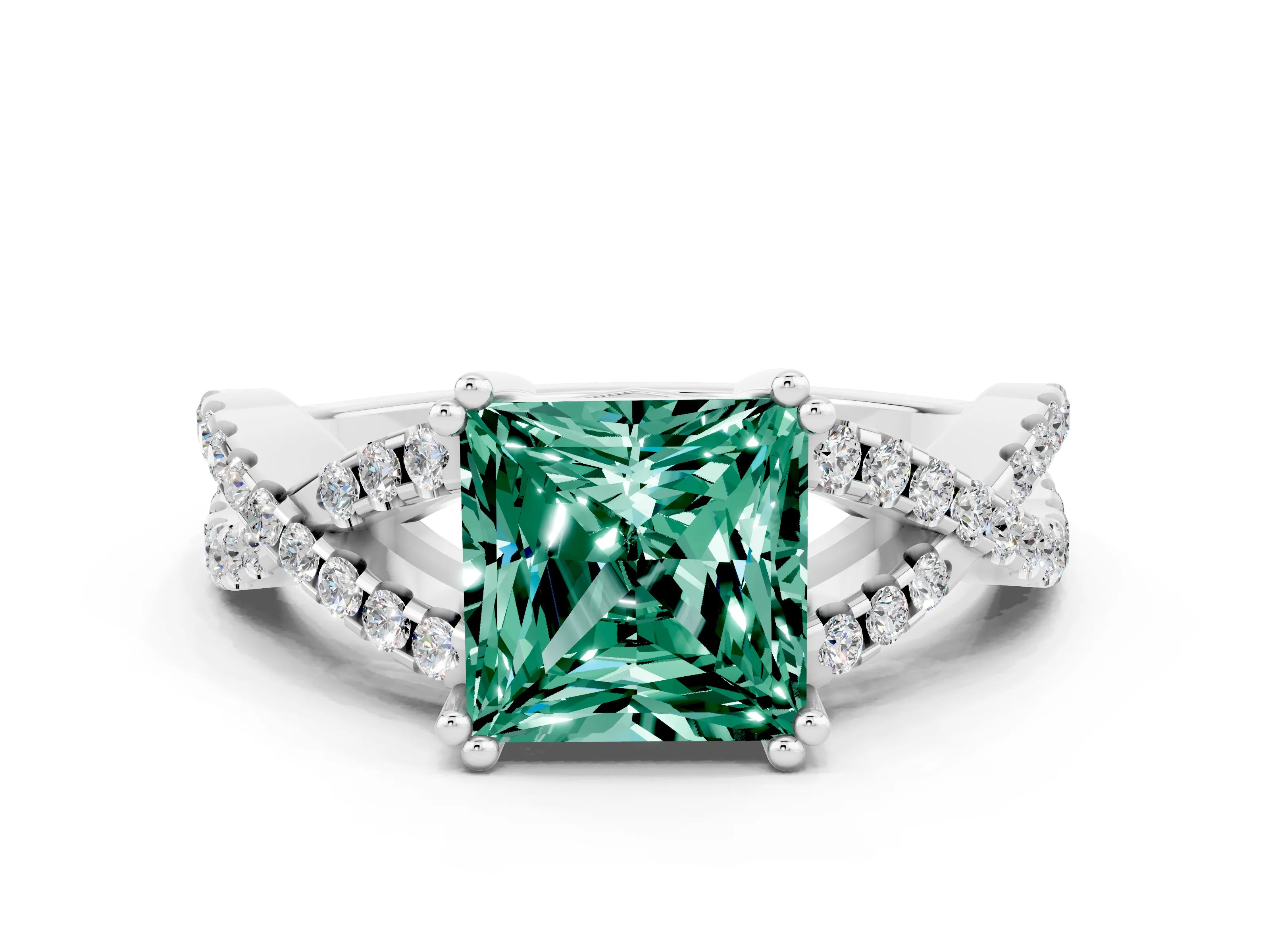 White gold Princess Cut Green Sapphire Solitaire Ring with Four-Prong Setting and Twisted Pavé Band
