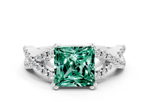 White gold Princess Cut Green Sapphire Solitaire Ring with Four-Prong Setting and Twisted Pavé Band