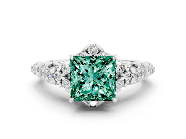 Silver Princess Cut Green Sapphire Solitaire Ring with Hidden Halo and Pavé Band