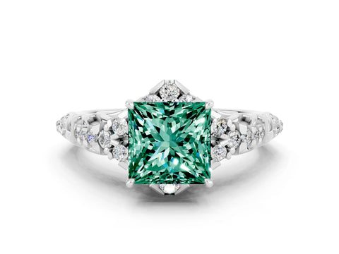 White gold Princess Cut Green Sapphire Solitaire Ring with Hidden Halo and Pavé Band_12