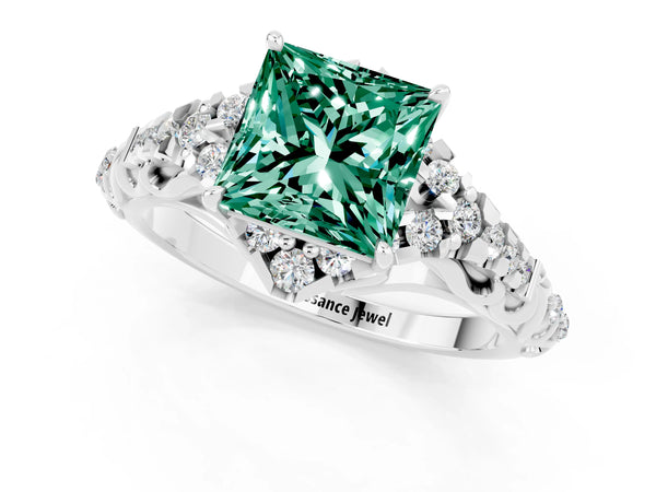 Platinum Princess Cut Green Sapphire Solitaire Ring with Hidden Halo and Pavé Band