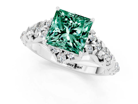 White gold Princess Cut Green Sapphire Solitaire Ring with Hidden Halo and Pavé Band_13