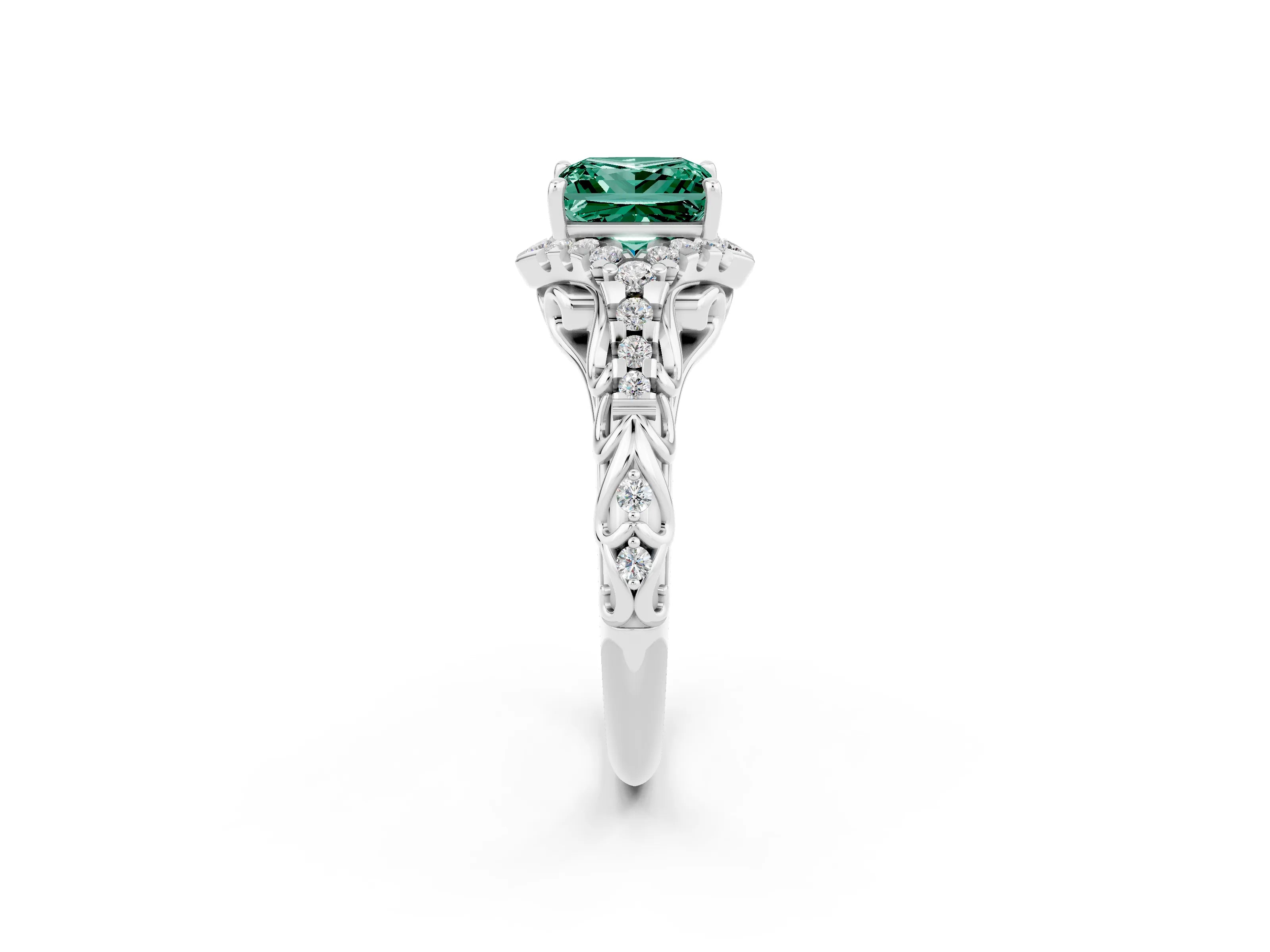 White gold Princess Cut Green Sapphire Solitaire Ring with Hidden Halo and Pavé Band_14