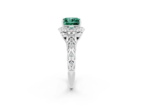Silver Princess Cut Green Sapphire Solitaire Ring with Hidden Halo and Pavé Band