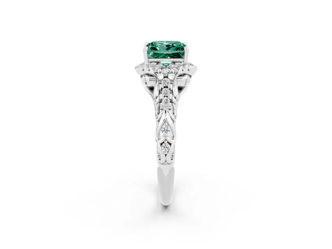 White gold Princess Cut Green Sapphire Solitaire Ring with Hidden Halo and Pavé Band_14