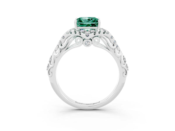 Platinum Princess Cut Green Sapphire Solitaire Ring with Hidden Halo and Pavé Band