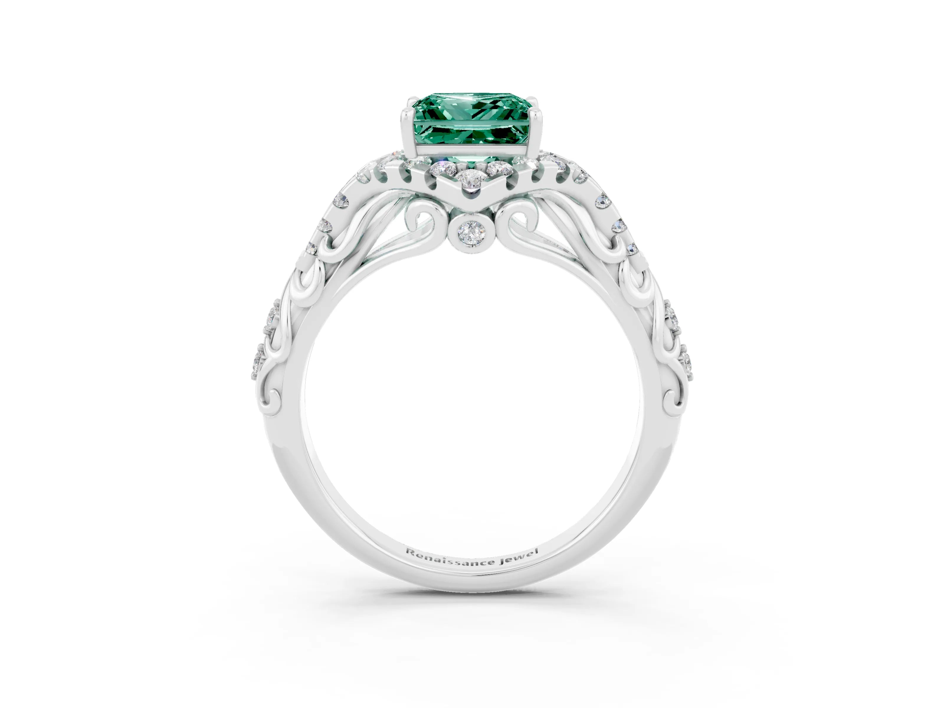 White gold Princess Cut Green Sapphire Solitaire Ring with Hidden Halo and Pavé Band_15