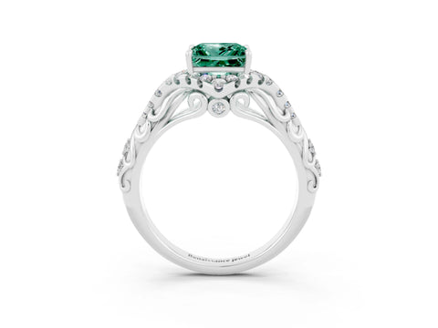 White gold Princess Cut Green Sapphire Solitaire Ring with Hidden Halo and Pavé Band_15