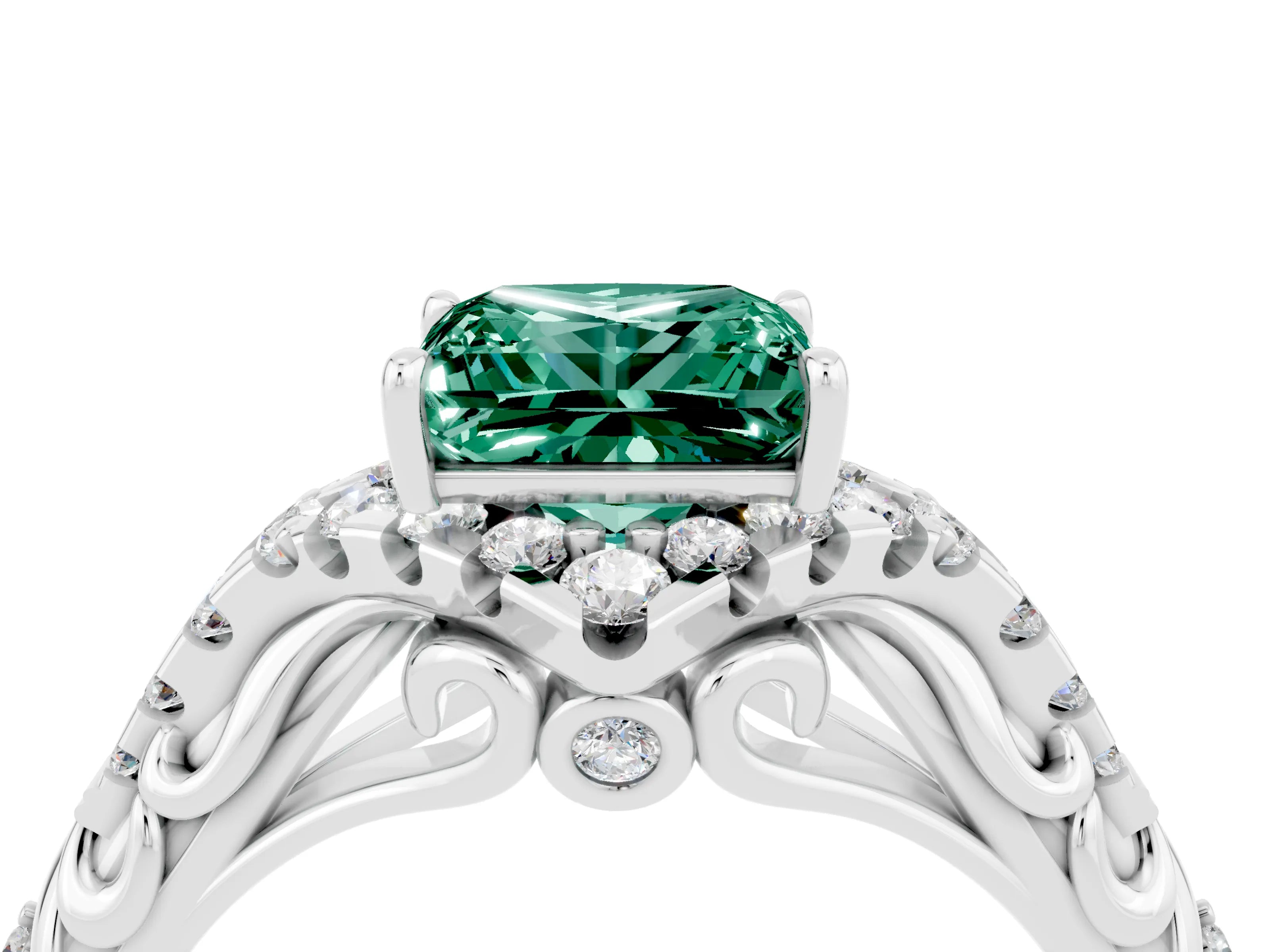 White gold Princess Cut Green Sapphire Solitaire Ring with Hidden Halo and Pavé Band_16