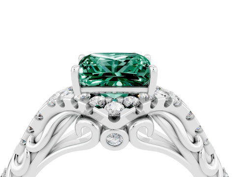 White gold Princess Cut Green Sapphire Solitaire Ring with Hidden Halo and Pavé Band_16