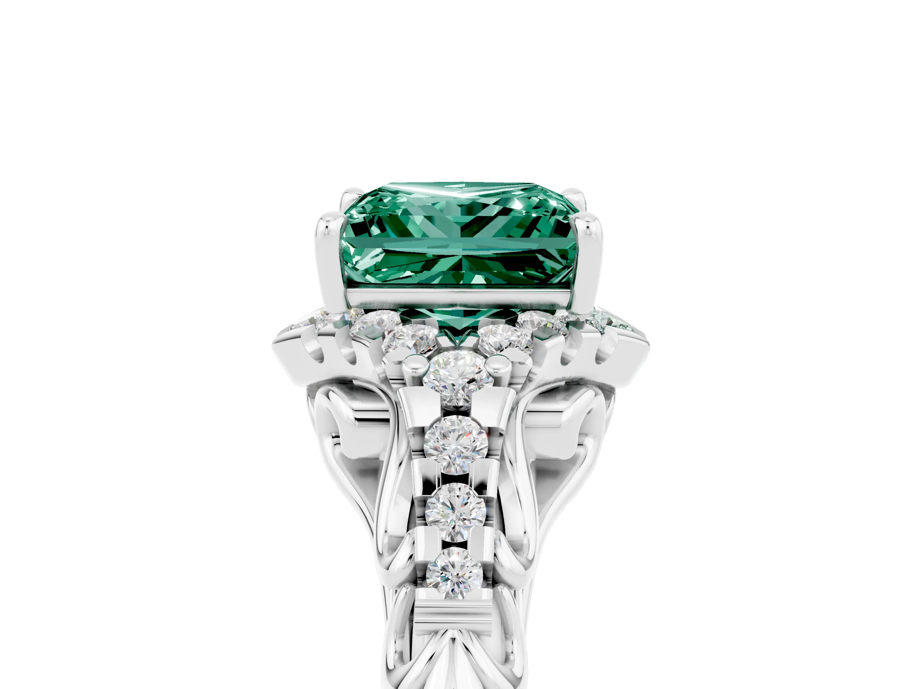 White gold Princess Cut Green Sapphire Solitaire Ring with Hidden Halo and Pavé Band_17