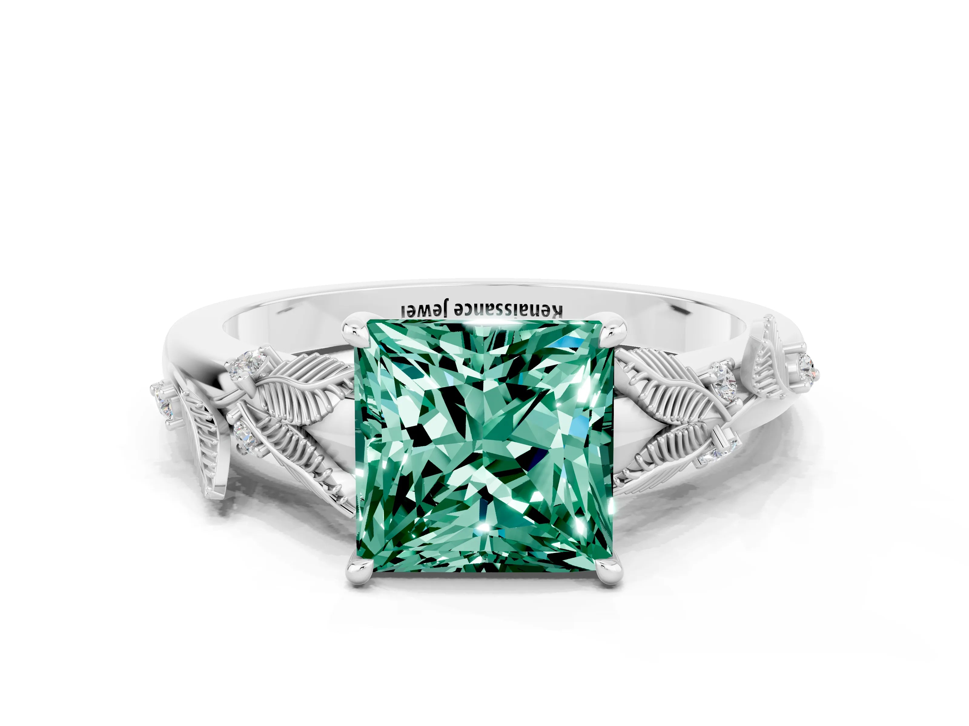 White gold Princess Cut Green Sapphire Solitaire Ring with Leaf Motif Band and Four-Prong Setting_12