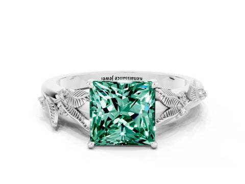 White gold Princess Cut Green Sapphire Solitaire Ring with Leaf Motif Band and Four-Prong Setting_12