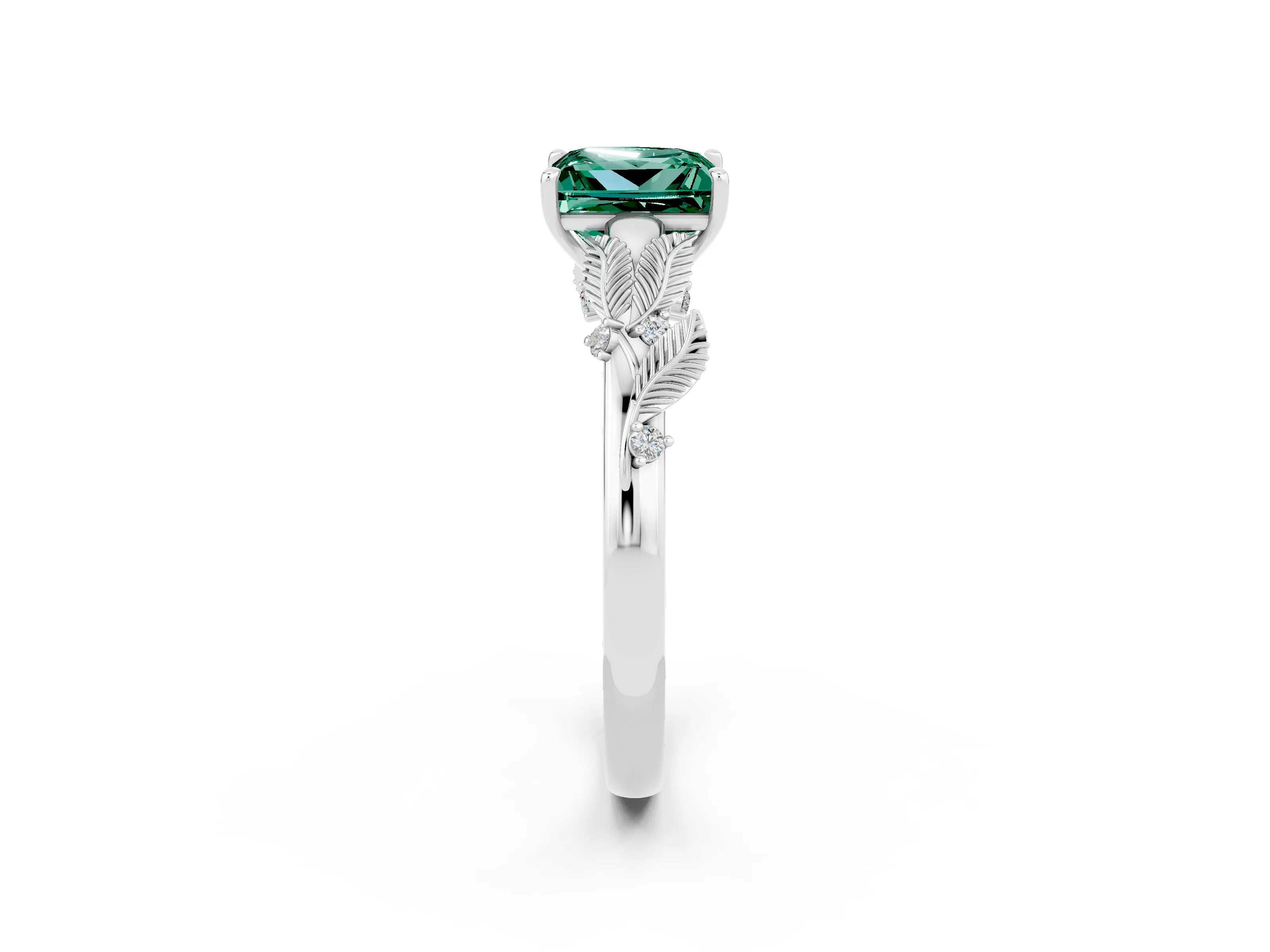 White gold Princess Cut Green Sapphire Solitaire Ring with Leaf Motif Band and Four-Prong Setting_14