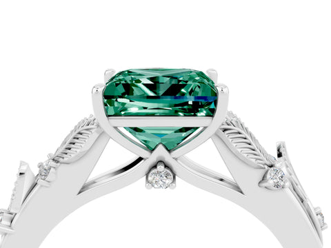 White gold Princess Cut Green Sapphire Solitaire Ring with Leaf Motif Band and Four-Prong Setting_16