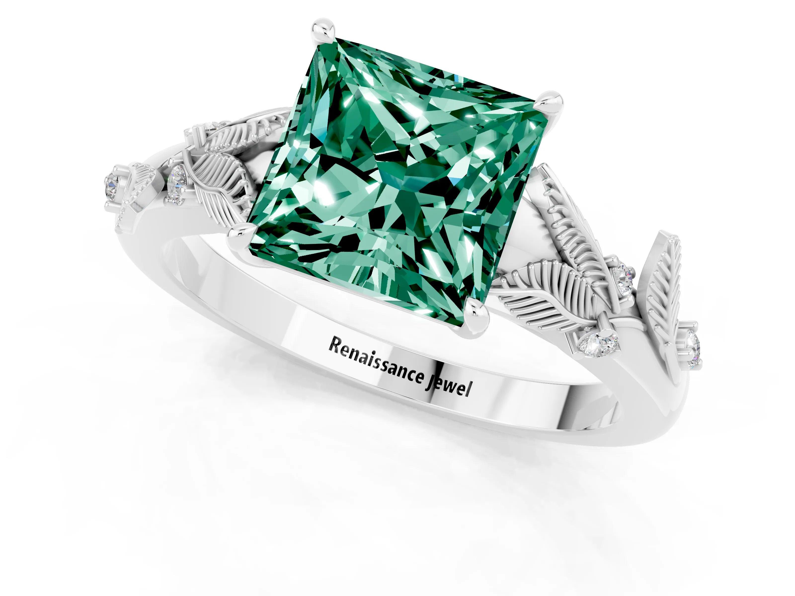 White gold Princess Cut Green Sapphire Solitaire Ring with Leaf Motif Band and Four-Prong Setting_1