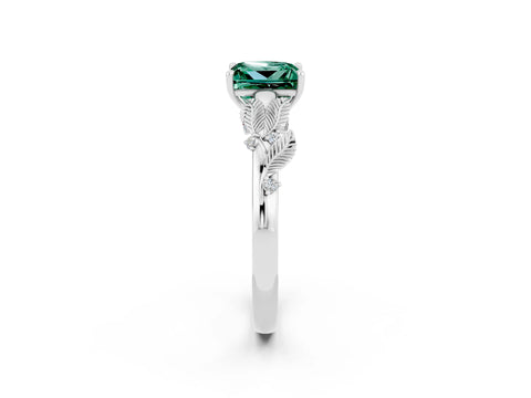 White gold Princess Cut Green Sapphire Solitaire Ring with Leaf Motif Band and Four-Prong Setting_2