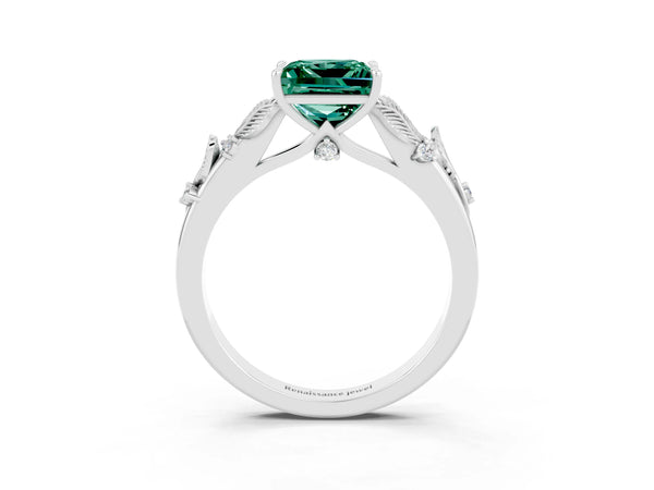 Platinum Princess Cut Green Sapphire Solitaire Ring with Leaf Motif Band and Four-Prong Setting