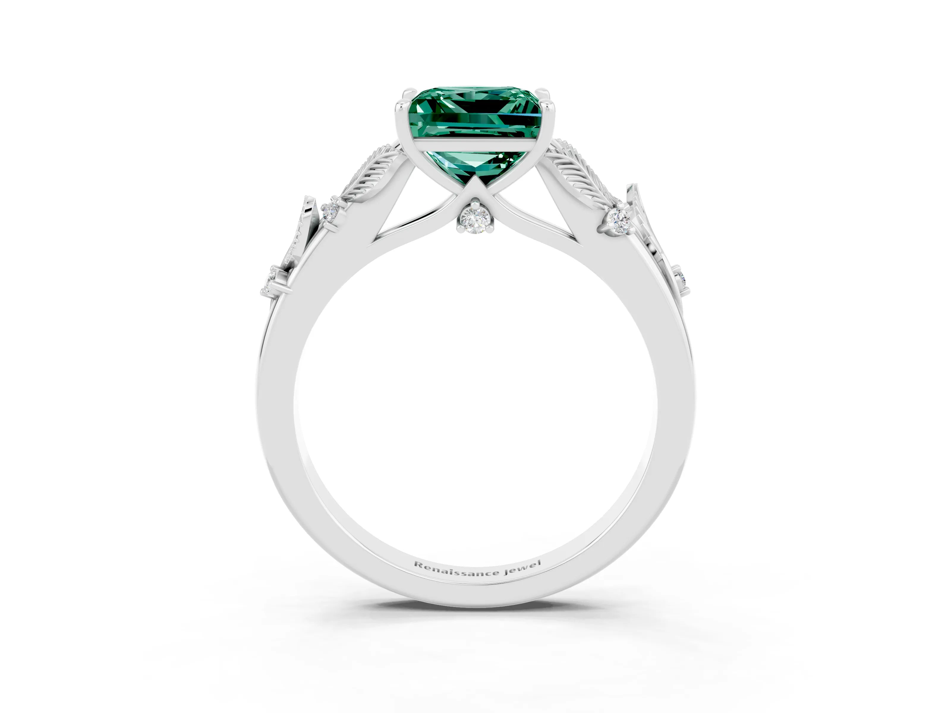 White gold Princess Cut Green Sapphire Solitaire Ring with Leaf Motif Band and Four-Prong Setting_3