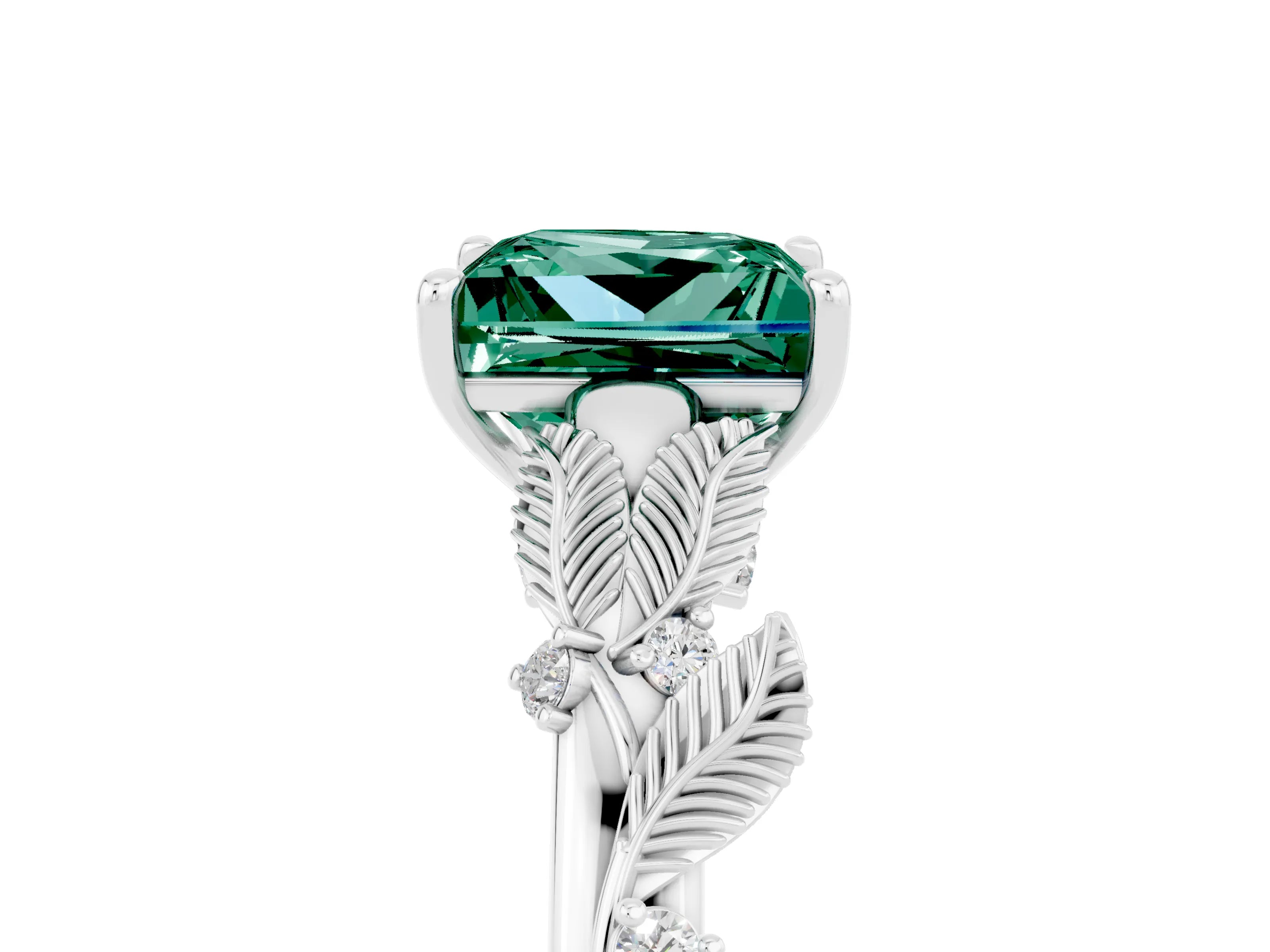 White gold Princess Cut Green Sapphire Solitaire Ring with Leaf Motif Band and Four-Prong Setting_5