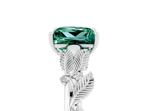 White gold Princess Cut Green Sapphire Solitaire Ring with Leaf Motif Band and Four-Prong Setting_5