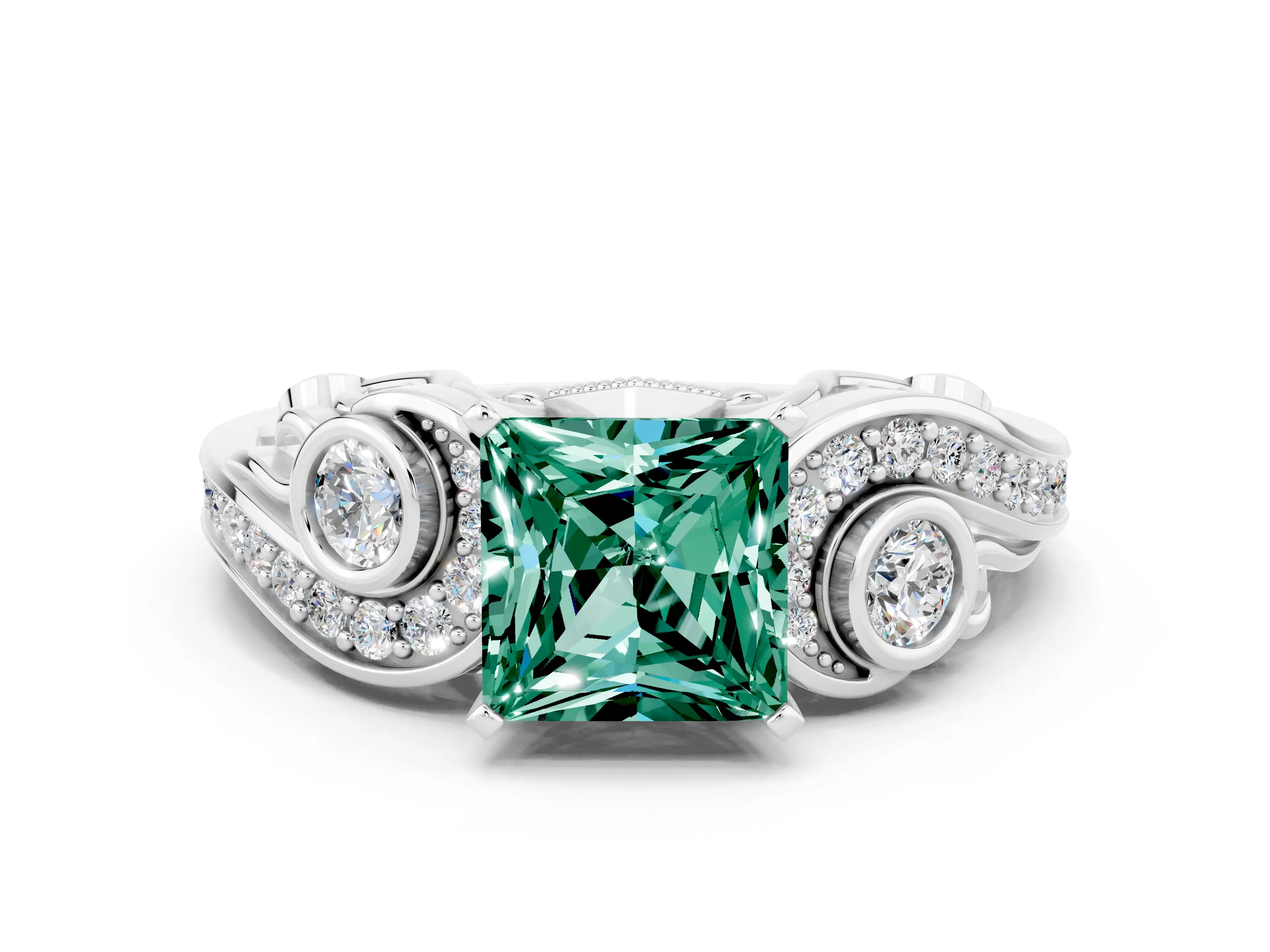 White gold Princess Cut Green Sapphire Solitaire Ring with Milgrain Pavé Band and Four-Prong Setting_12
