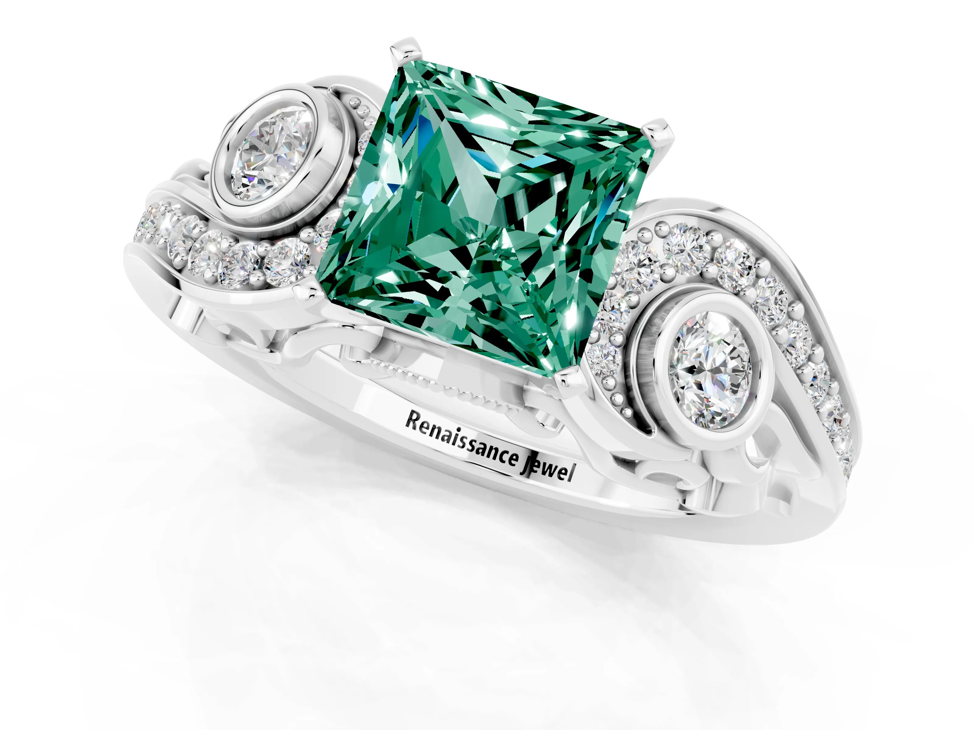 White gold Princess Cut Green Sapphire Solitaire Ring with Milgrain Pavé Band and Four-Prong Setting_13